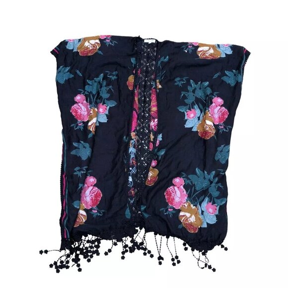 WOVEN HEART Kimono Open Cape Top Women's XL Floral Tassel Long Black​​ - Picture 1 of 9